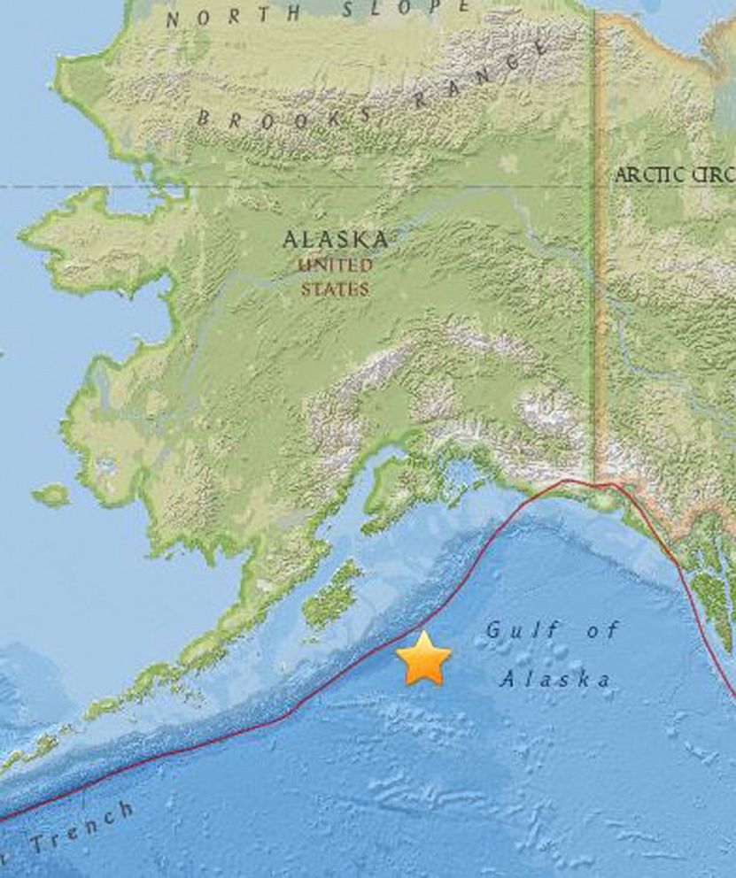 PHOTO: A map shows the location of a magnitude 8.2 earthquake off south east of the city of Kodiak, Alaska, Jan. 23, 2018. A tsunami warning has been issued for the Hawaii, as well as the entire west coast of the U.S.