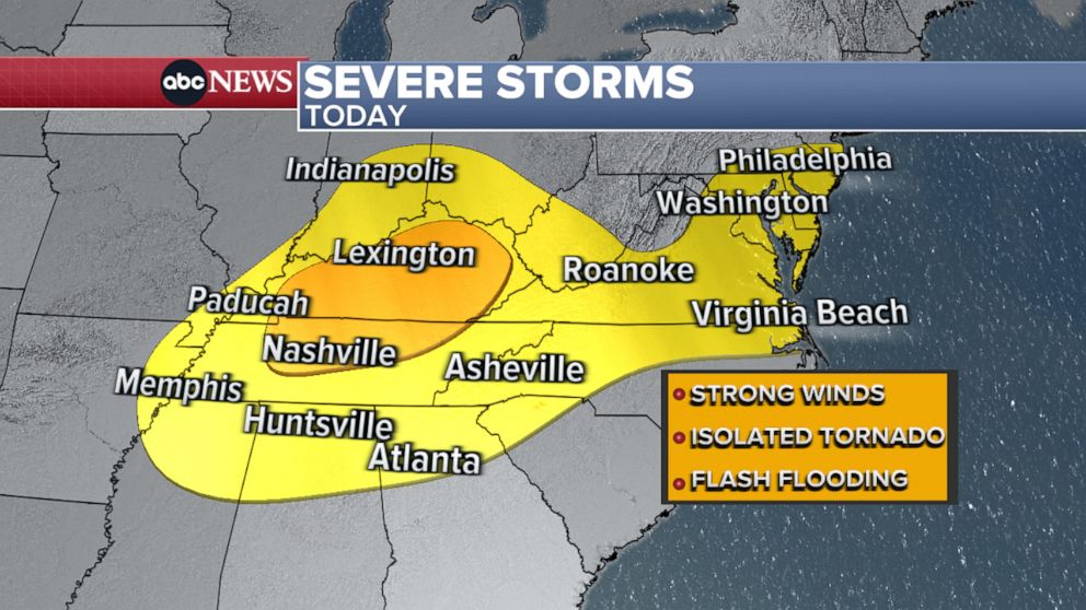 PHOTO: The overall risk zone for severe thunderstorms today stretches from Arkansas to New Jersey.