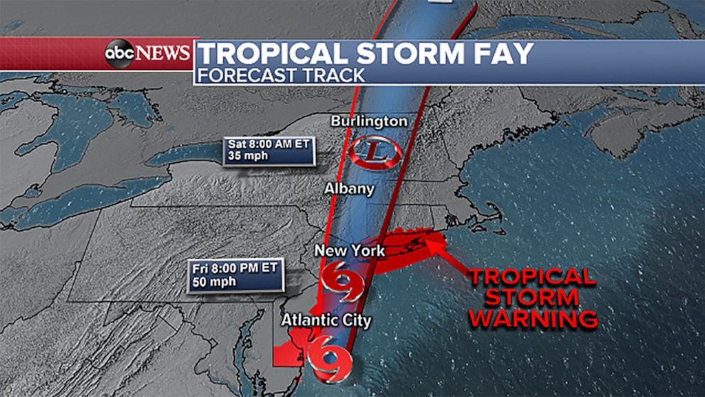 PHOTO: A weather map showing the forecast for Tropical Storm Fay over the east coast of the U.S., as of 2pm ET., July 10, 2020.