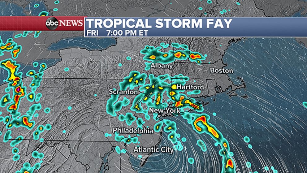 PHOTO: A weather map showing the 7pm forecast for Tropical Storm Fay over the east coast of the U.S., as of 2pm ET., July 10, 2020.