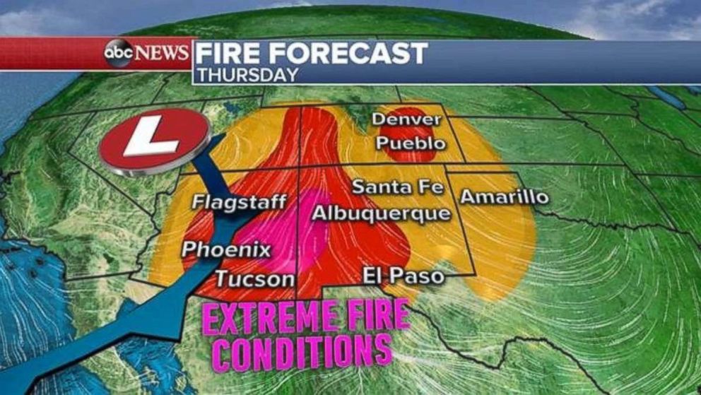 PHOTO: An ABC News weather map shows the fire forecast for Thursday, April 19, 2018.