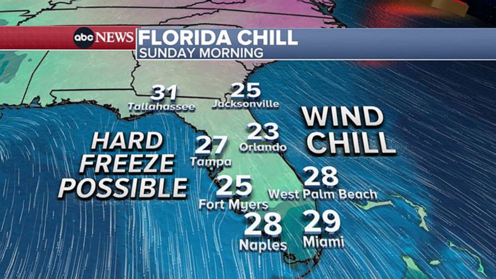 PHOTO: A weather map shows the forecast for cold temperatures in Florida for Sunday morning, on Jan. 27, 2022.