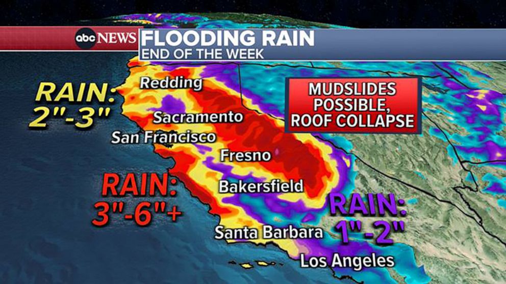 PHOTO: A weather map shows the rain forecast for California, March 8, 2023, for the end of the week.