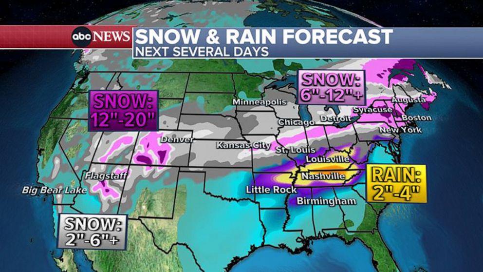 PHOTO: A weather map shows the Feb. 22, 2022 forecast for snow and rain for over the next several days across the U.S.