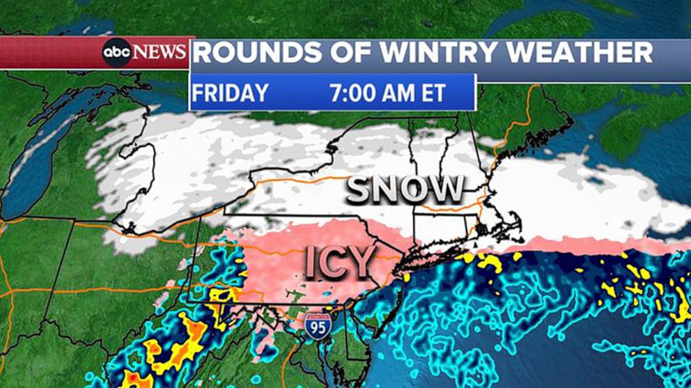 PHOTO: A weather map shows the forecast on Feb. 23, 2022, for wintery weather across the Mid-Atlantic and Northeast U.S. expected on Friday morning. 