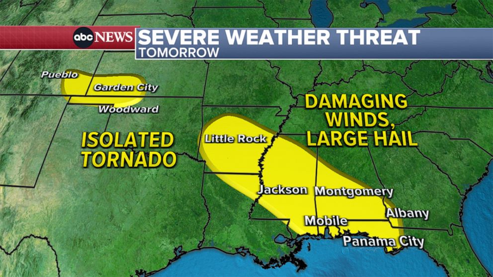 PHOTO: A weather map shows the forecast for severe weather on Friday, across the southern U.S., June 15, 2023.