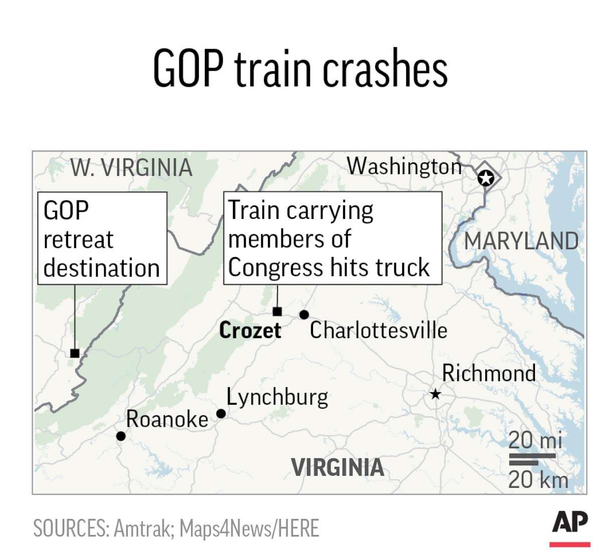PHOTO: Map showing location where an Amtrak train carrying members of Congress collided with a truck, Jan. 31, 2018. 