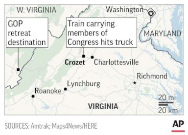 PHOTO: Map showing location where an Amtrak train carrying members of Congress collided with a truck, Jan. 31, 2018.