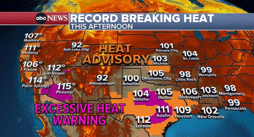 PHOTO: A weather map shows the record breaking heat forecast for much of the southwest from California to Pensacola, July 11, 2022.