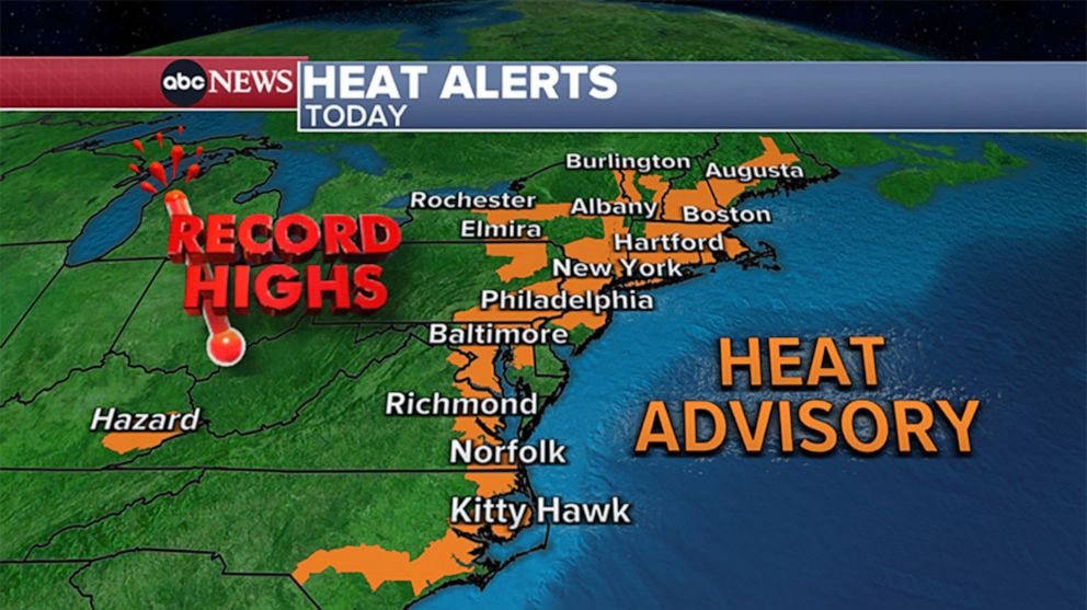PHOTO: A weather map showing the forecast for heat warnings expected on the East Coast from North Carolina to Maine for August 4, 2022.