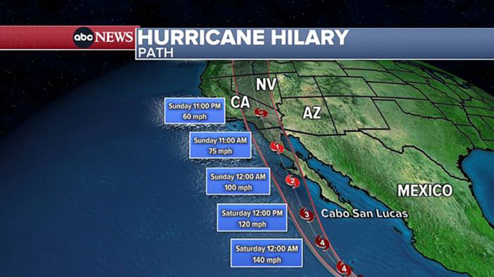 PHOTO: A weather map shows the path and expecting timing for Hurricane Hilary on the west coast of Mexico, Aug. 18, 2023.
