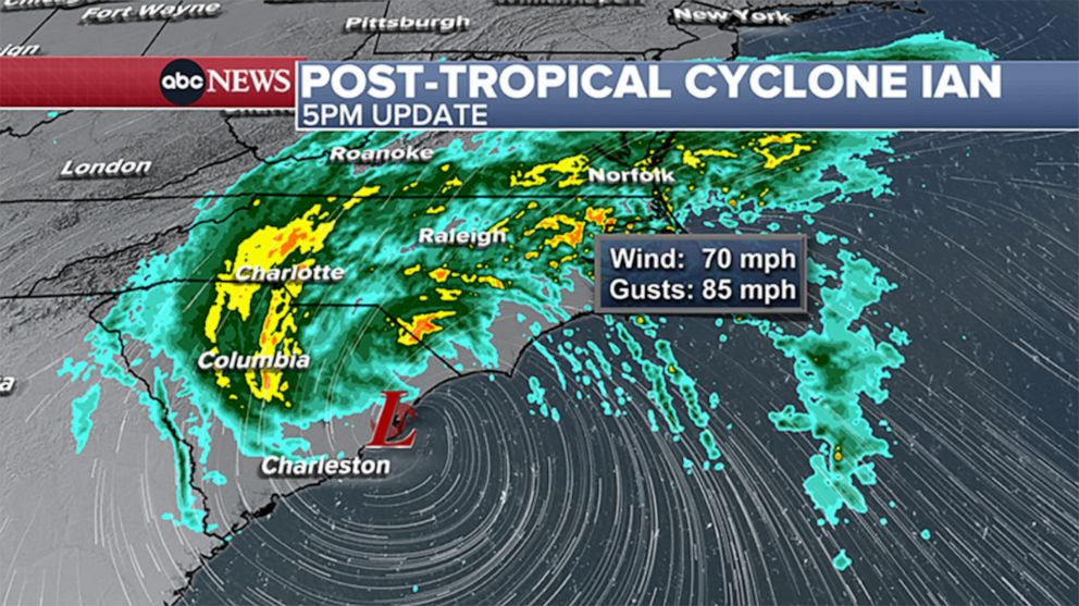 PHOTO: A weather map shows the Southeast coast of the U.S., where Hurricane Ian has weakened to a post-tropical cyclone as of 5 p.m. on Sept. 30, 2022.