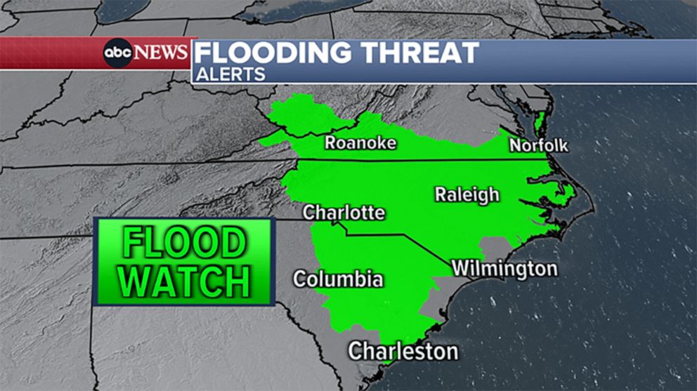 PHOTO: A weather map shows flooding threat from Ian, as of 5 p.m. on Sept. 30, 2022, over North Carolina, South Carolina and into Virginia and West Virginia.