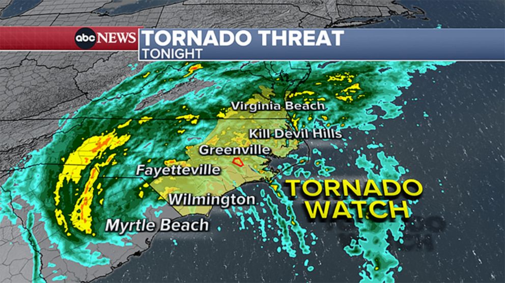 PHOTO: A weather map shows the tornado threat from Ian, as of 5 p.m. on Sept. 30, 2022, over much of the Southeastern U.S. from Myrtle Beach to Virginia Beach.