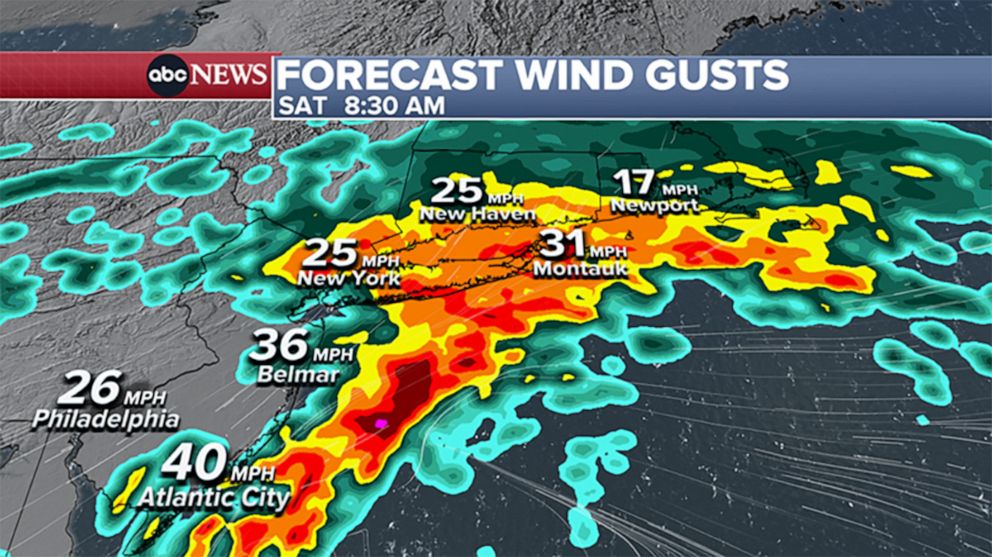 PHOTO: A weather map shows the wind threat from Ian, as of 5 p.m. on Sept. 30, 2022, over the Northeast coast of the U.S. from Atlantic City to Newport, R.I.