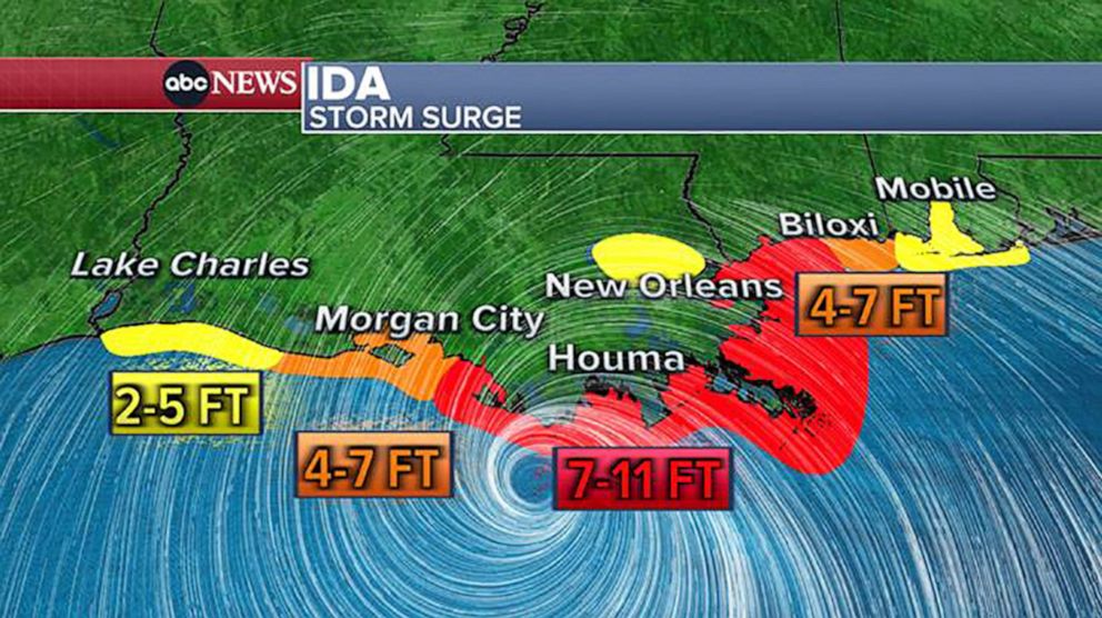 FOTO: una mappa meteorologica mostra un'ondata di tempesta prevista dalla tempesta tropicale, Ida, 27 agosto 2021.