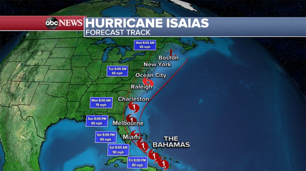 PHOTO: A weather map shows the forecast for Hurricane Isaias as of 11am ET, July 31, 2020.
