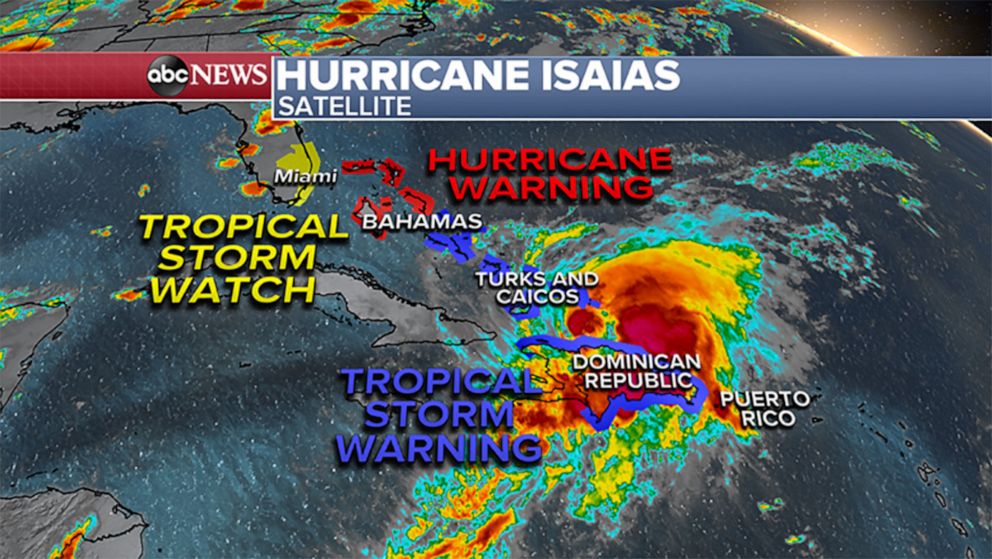 PHOTO: A weather map shows a satellite image of Hurricane Isaias at 12am, July 31, 2020, over the Caribbean.