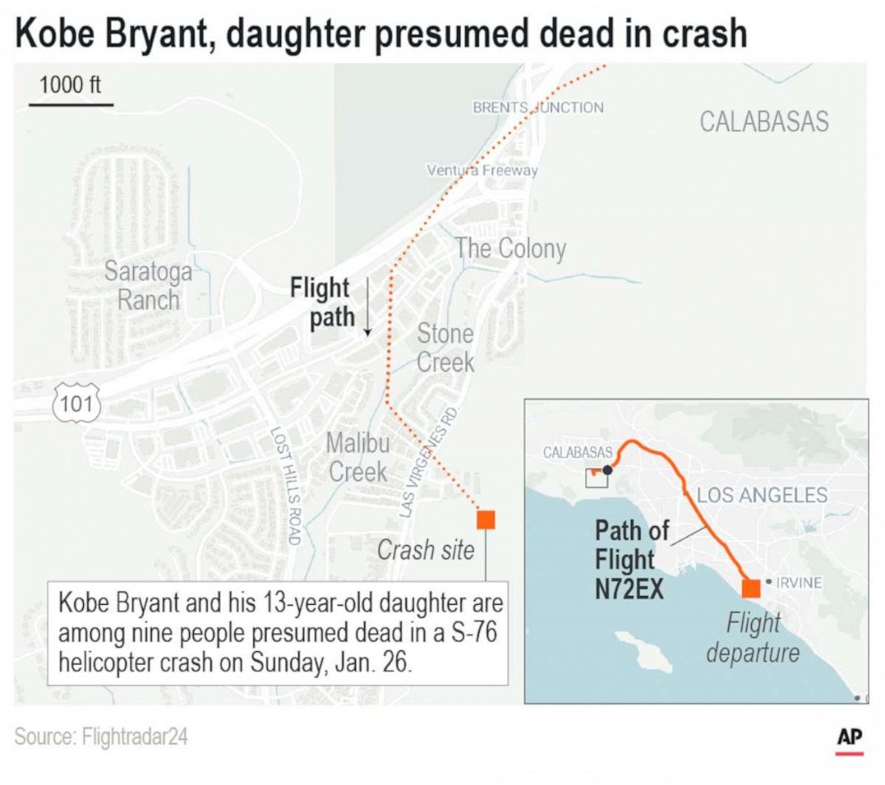 PHOTO: Map show the flight path and location of the crash of the helicopter carrying NBA star Kobe Bryant.