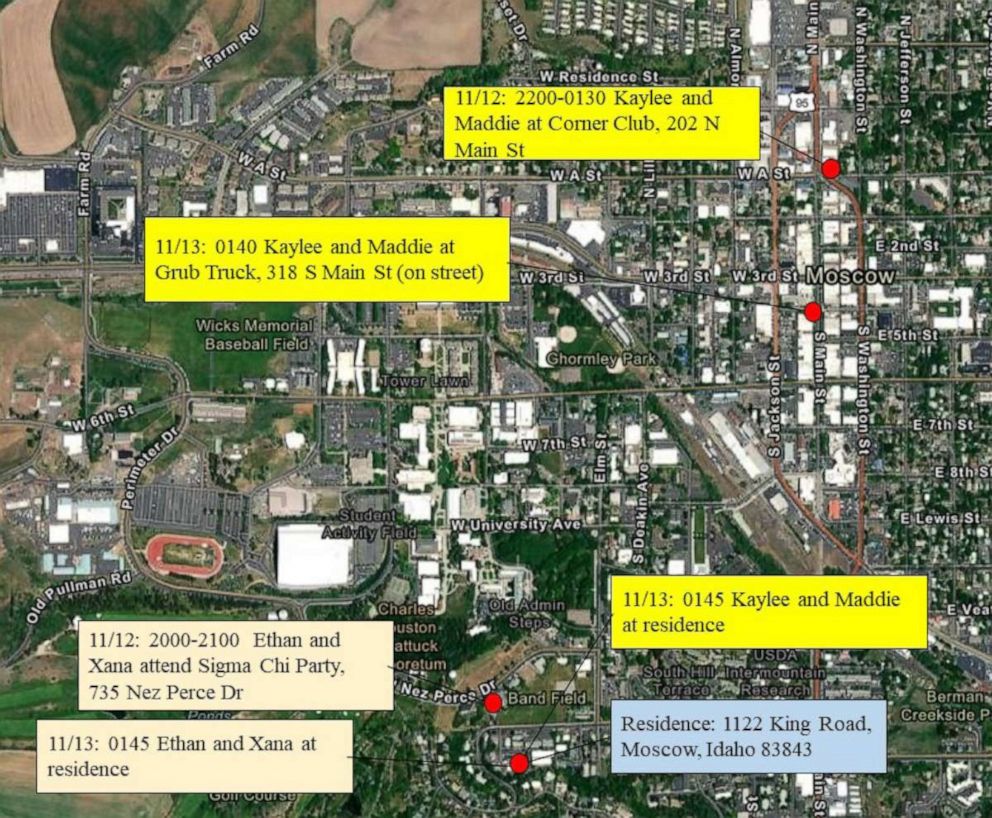 PHOTO: Police in Moscow, Idaho, released a map and timeline of the whereabouts of four University of Idaho students in the hours before they were stabbed to death.