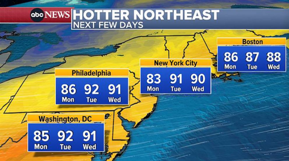 PHOTO: A weather map shows the heat forecast for the next three days for much of the Northeast, July 11, 2022.
