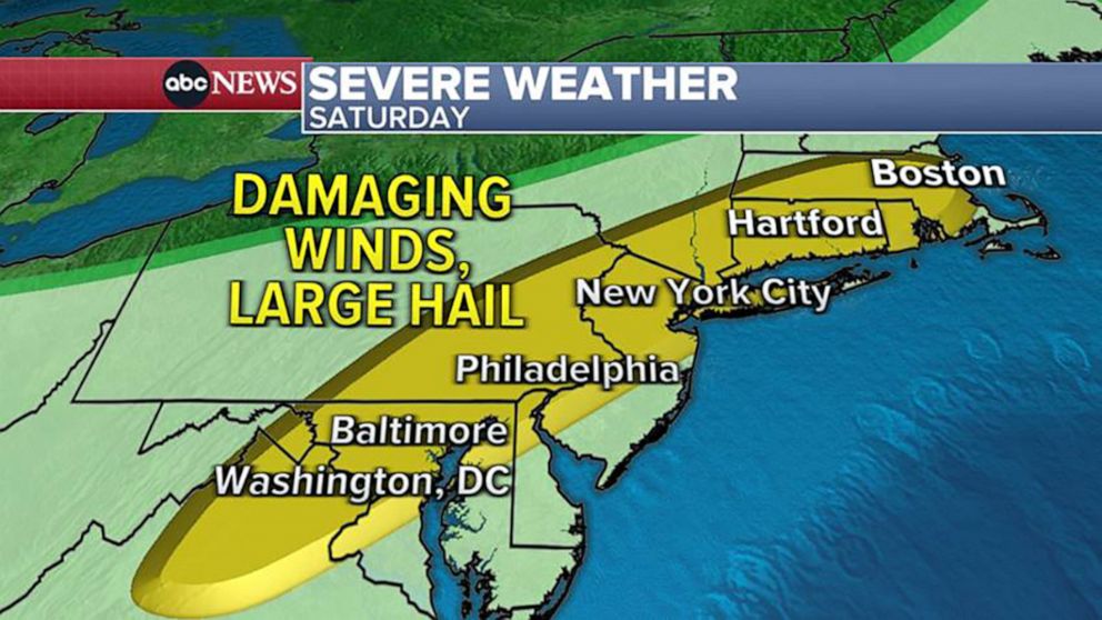 PHOTO: A weather map forecast for damaging winds and large hail in the Northeast, U.S., for Saturday, July 2, 2022.