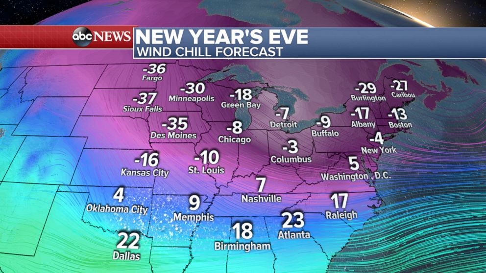 PHOTO: Weather map showing the wind chill forecast for New Year's Eve. 