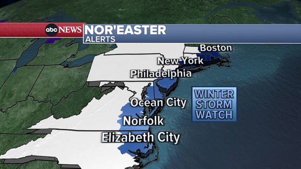 PHOTO: A weather map shows the forecast for a winter storm watch on the East Coast, on Jan. 27, 2022.