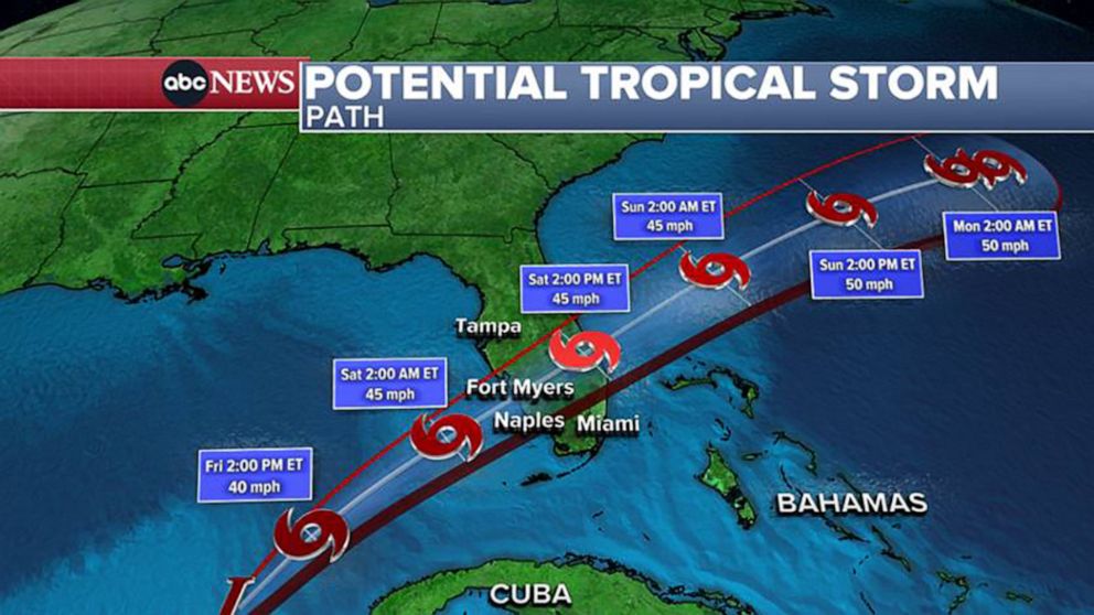 PHOTO: A weather map shows the potential path of a tropical storm expected to cross South Florida on June 3, 2022.
