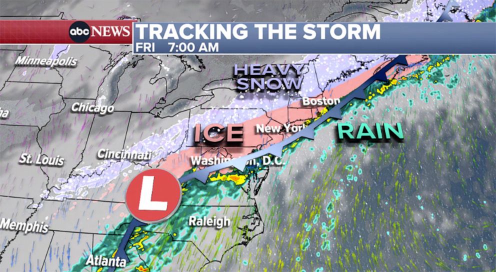 PHOTO: A weather map shows the forecast for a winter storm coming to the Eastern U.S. on Friday morning, on Feb. 2, 2022.