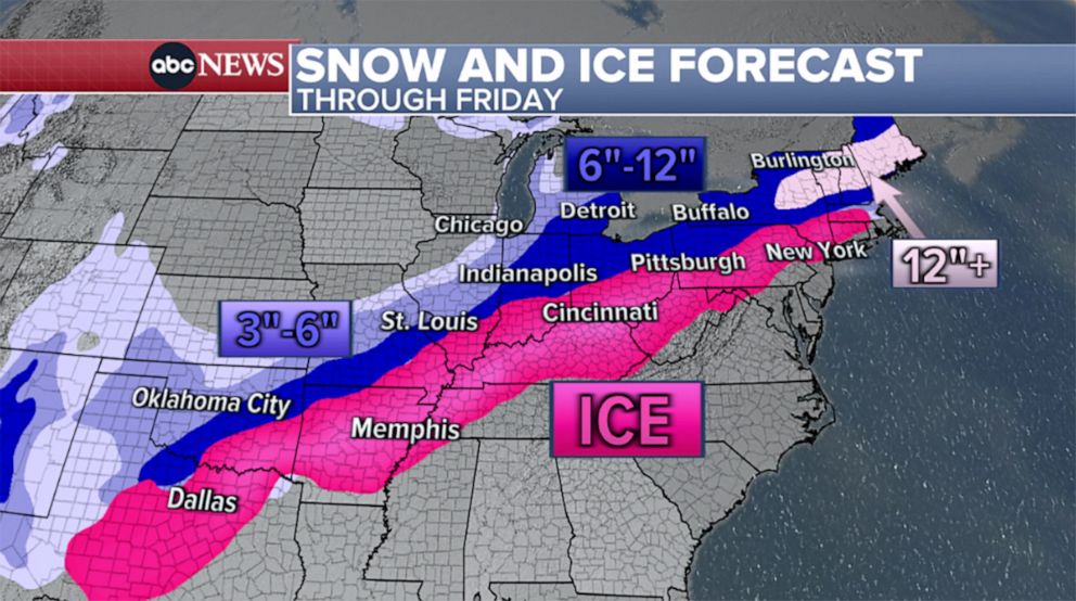 PHOTO: A weather map shows the forecast for snow and ice across the middle and eastern U.S. through Friday, on Feb. 2, 2022.