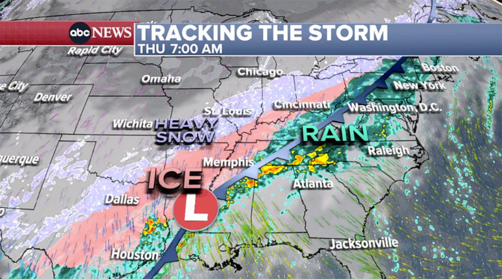 PHOTO: A weather map shows the forecast for a winter storm for Thursday, from Texas to Maine, on Feb. 2, 2022.