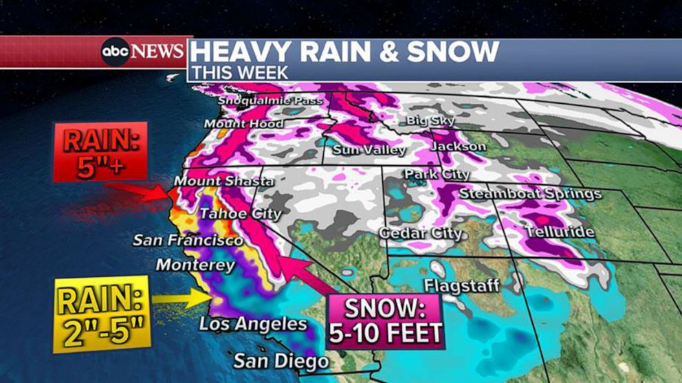 PHOTO: A weather map shows the expected rain and snow expected in the Western U.S. this week.