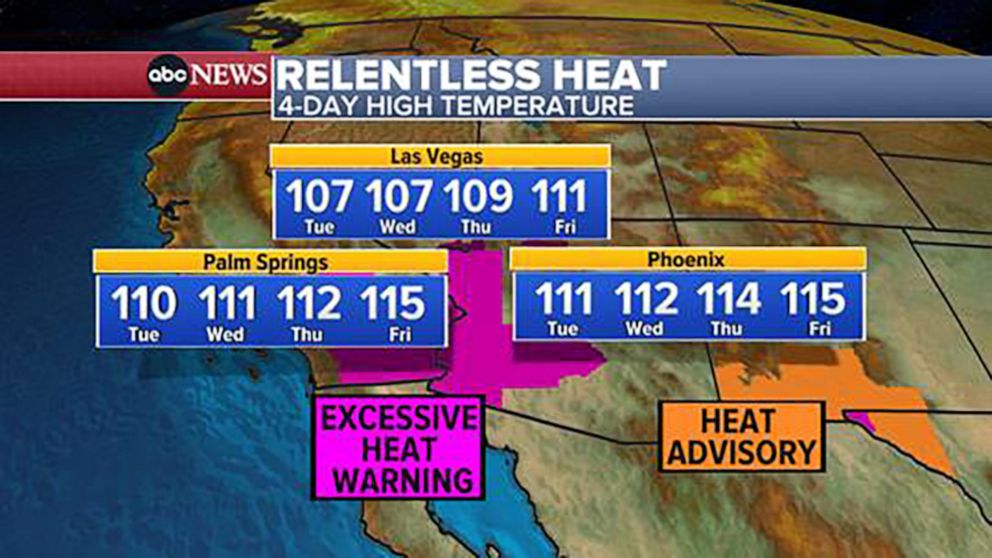 PHOTO: A weather map shows triple-digit temperatures in California, Nevada and Arizona, July 10, 2023.