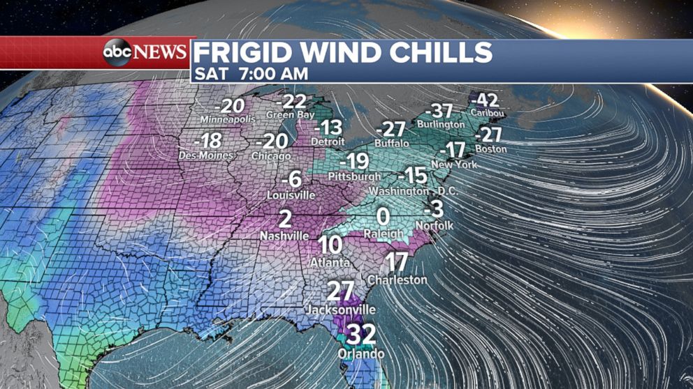 PHOTO: Map showing forecast for wind chills in the eastern U.S. for Saturday morning as of Jan. 5, 2018. 