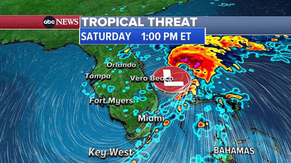 PHOTO: A weather map shows the area threatened by a tropical storm for Saturday, forecast for June 3, 2022.