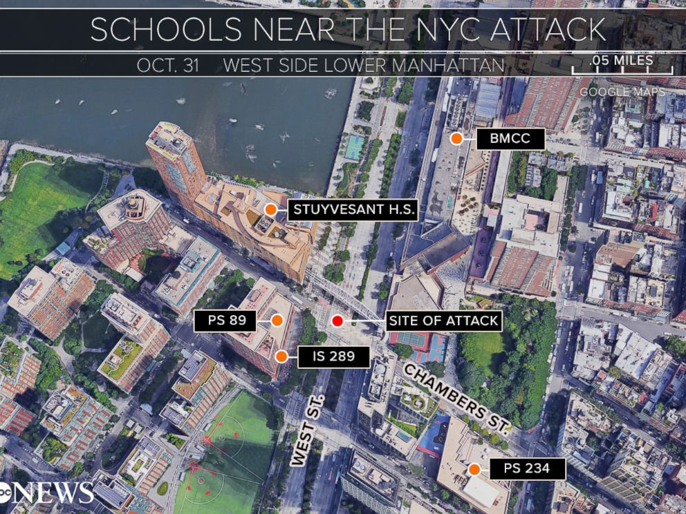 PHOTO: A map of schools in the vicinity of the New York City attack that occurred on Oct. 31, 2017.