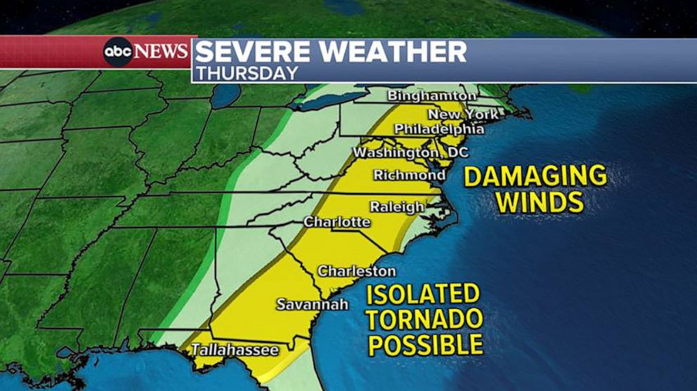 PHOTO: A weather map shows the forecast for severe weather for Thursday, March 31, 2022, along the East Coast.