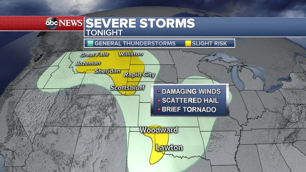 PHOTO: An ABC News weather map shows scattered severe storms across the Northern and Central High Plains, June 7, 2018.