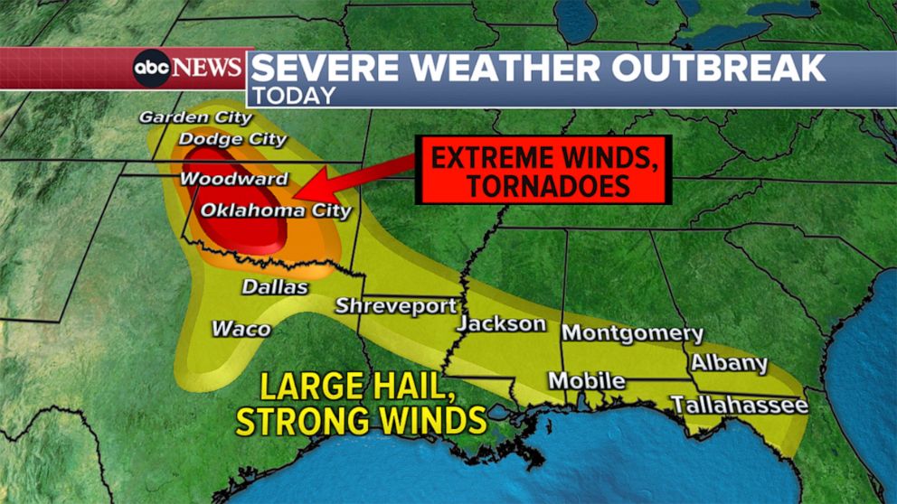 PHOTO: A weather map shows the forecast for severe weather on Thursday, in the southern U.S. with tornadoes possible in Oklahoma, June 15, 2023.