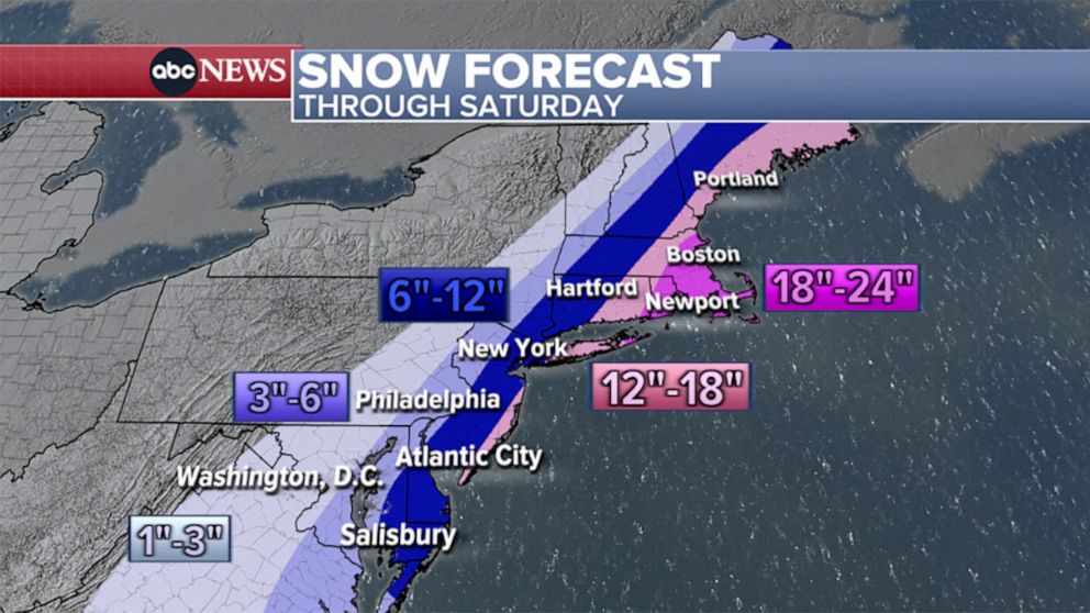 PHOTO: A Jan. 28, 2022 weather map shows the forecast for snow along the East Coast through Saturday.