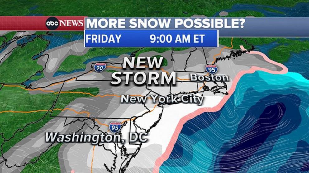 PHOTO: A map shows the forecast track for a winter storm moving across the United States, which could bring more snow to the Northeast region by Jan. 7, 2022