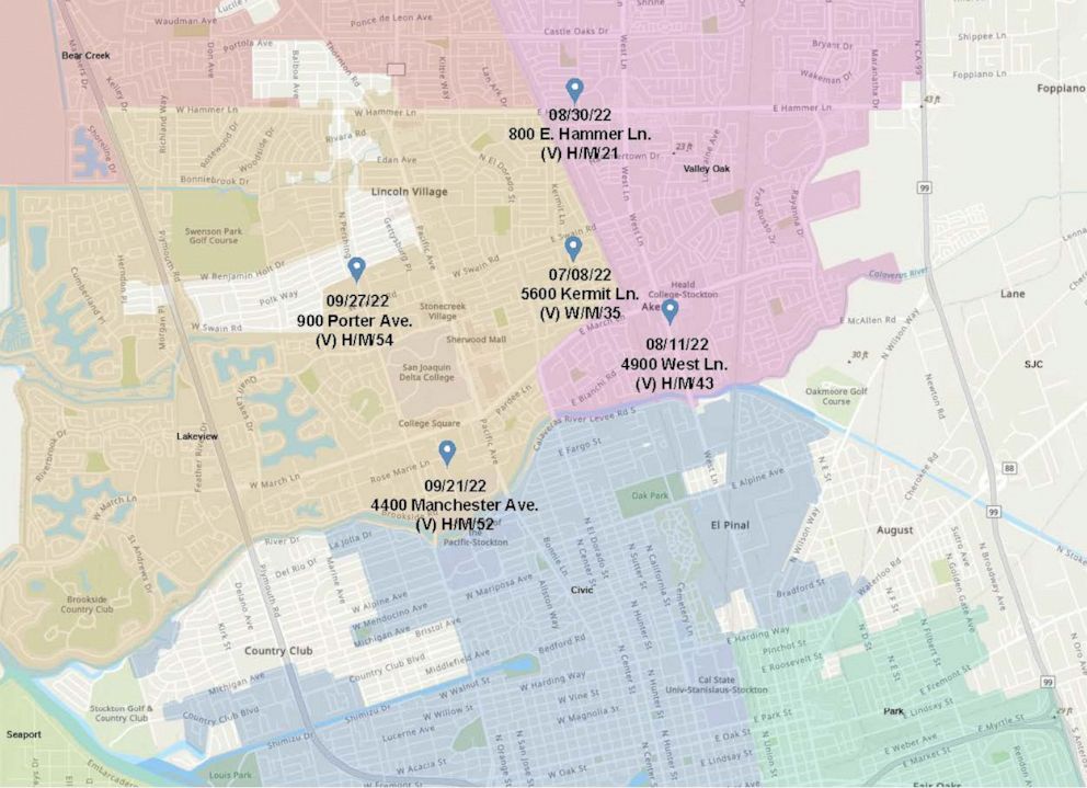 PHOTO: Stockton, Calif., police have released the locations of five murders believed to have been committed by the same person since July 8.