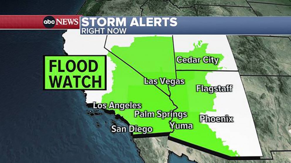 PHOTO: A weather map shows storm alerts and flood watches in southern California, Nevada, and western Arizona, Aug. 18, 2023.