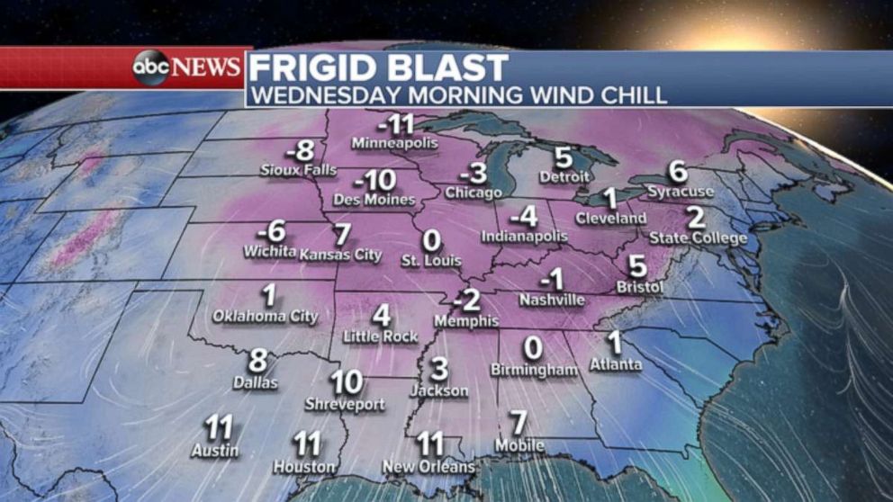 PHOTO: Bitter cold expands all the way into the Deep South with single digit wind chills by Wednesday morning