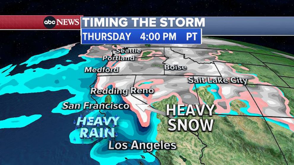 PHOTO: A weather map shows the expected rain and snow expected in the Western U.S. this week.