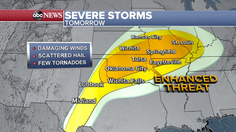 PHOTO: A weather map shows the area from Midland Texas to St. Louis, expecting severe storms for Thursday, May 27, 2021.