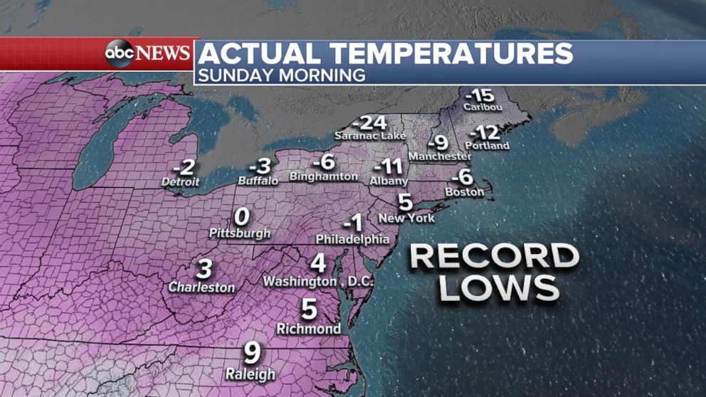 PHOTO: Map showing forecast for record low temperatures in the eastern U.S. for Sunday morning, as of Jan. 5, 2018. 