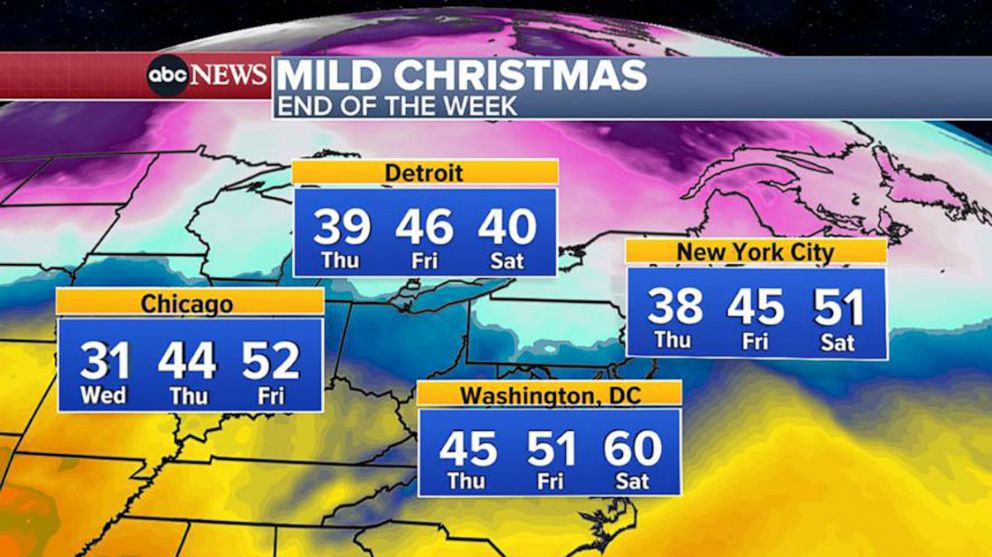 PHOTO: A weather map shows the expected temperatures warming at the end of the week in the north Central and Eastern U.S. this week.