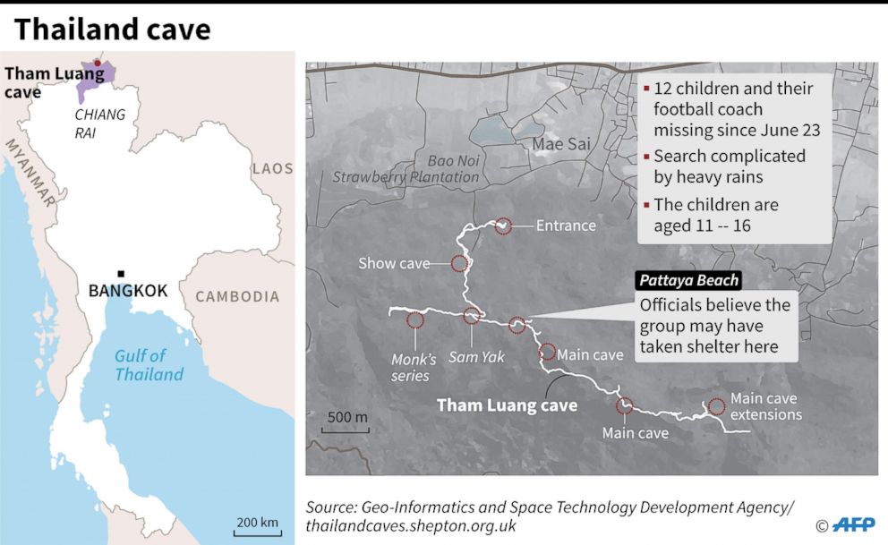 PHOTO: Map shows location and possible path taken by soccer team that went missing in a cave in Thailand.